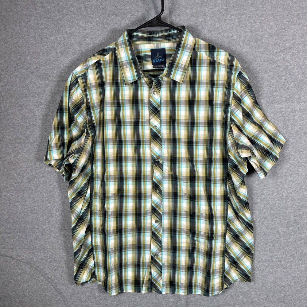 prAna Breathe Plaid Snap Shirt Mens XL Outdoor Hiking Travel Short Sleeve